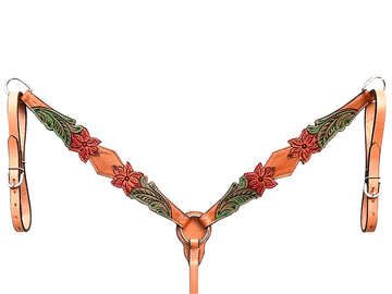 Bar H Equine Horse Genuine Leather Floral Design Hand Painted Breast Collar ,Headstall Brown